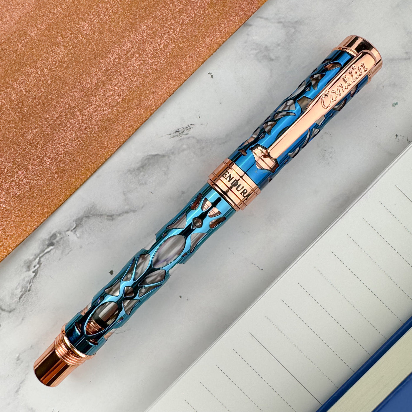 Conklin Endura Deco Crest Fountain Pen - Demo Blue w/ Rosegold