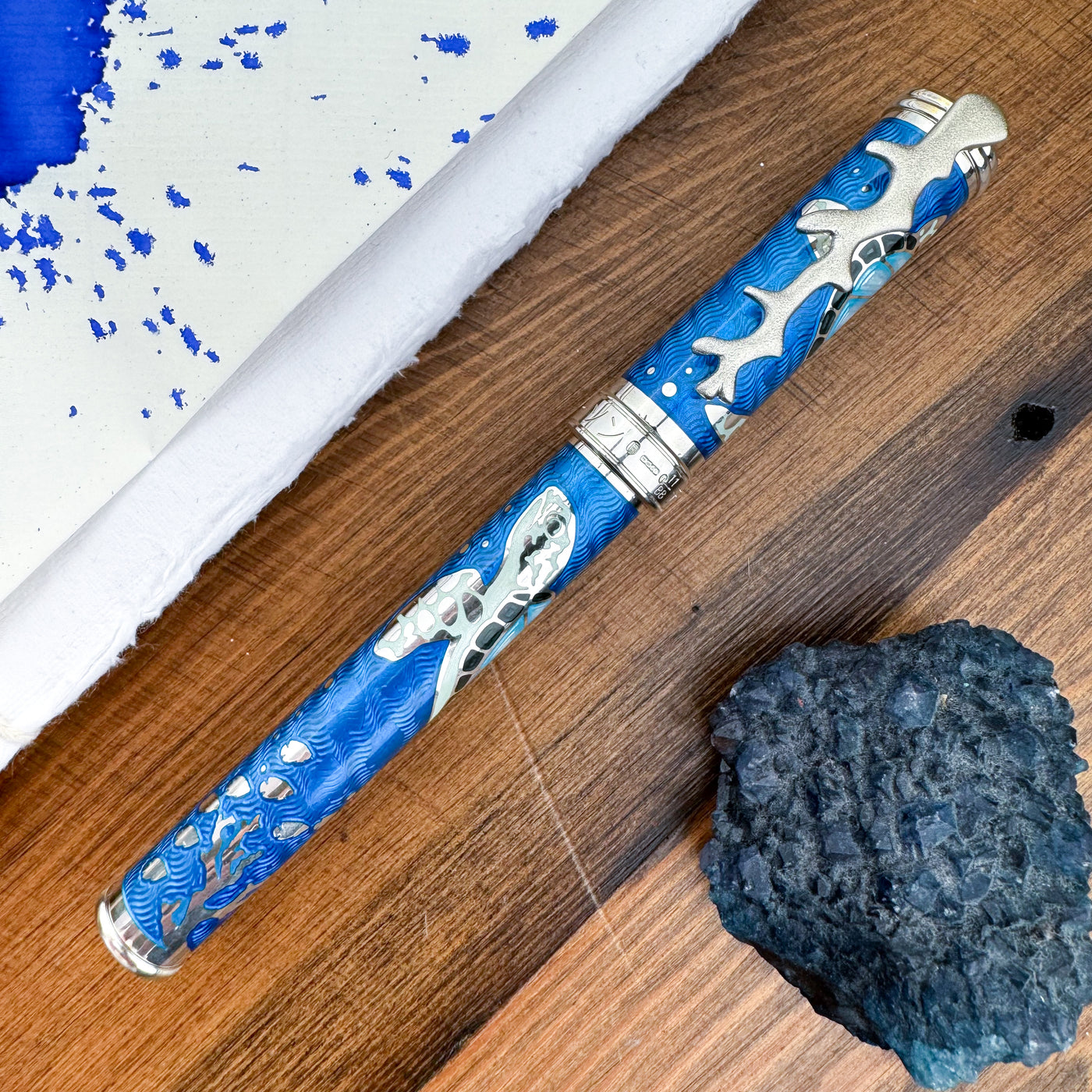 David Oscarson Sea Turtle Fountain Pen - Blue w/ Silver (Limited Edition #11/88)