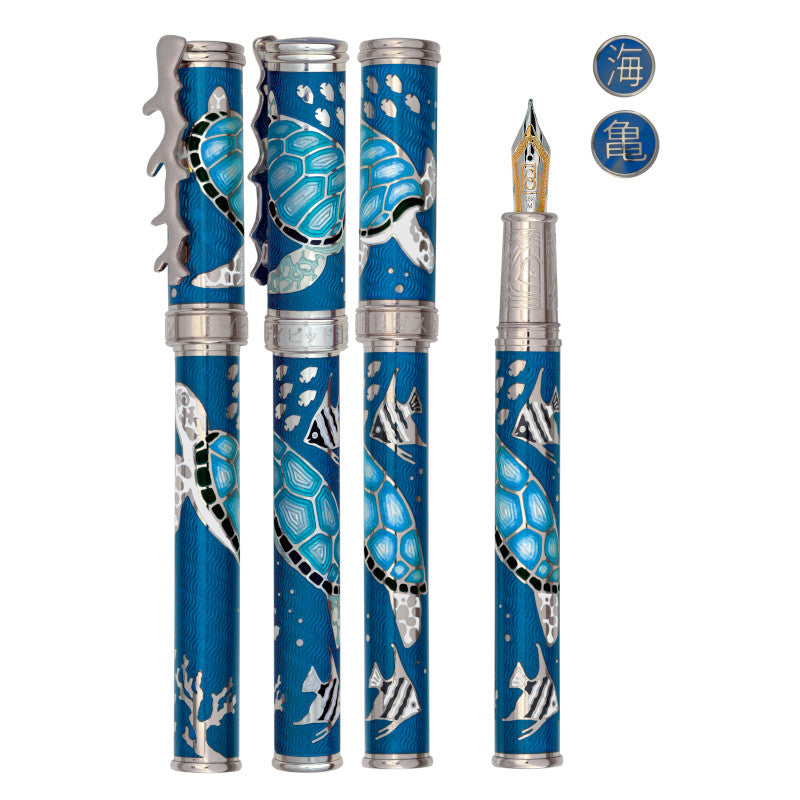 David Oscarson Sea Turtle Fountain Pen - Blue w/ Silver | Atlas Stationers.